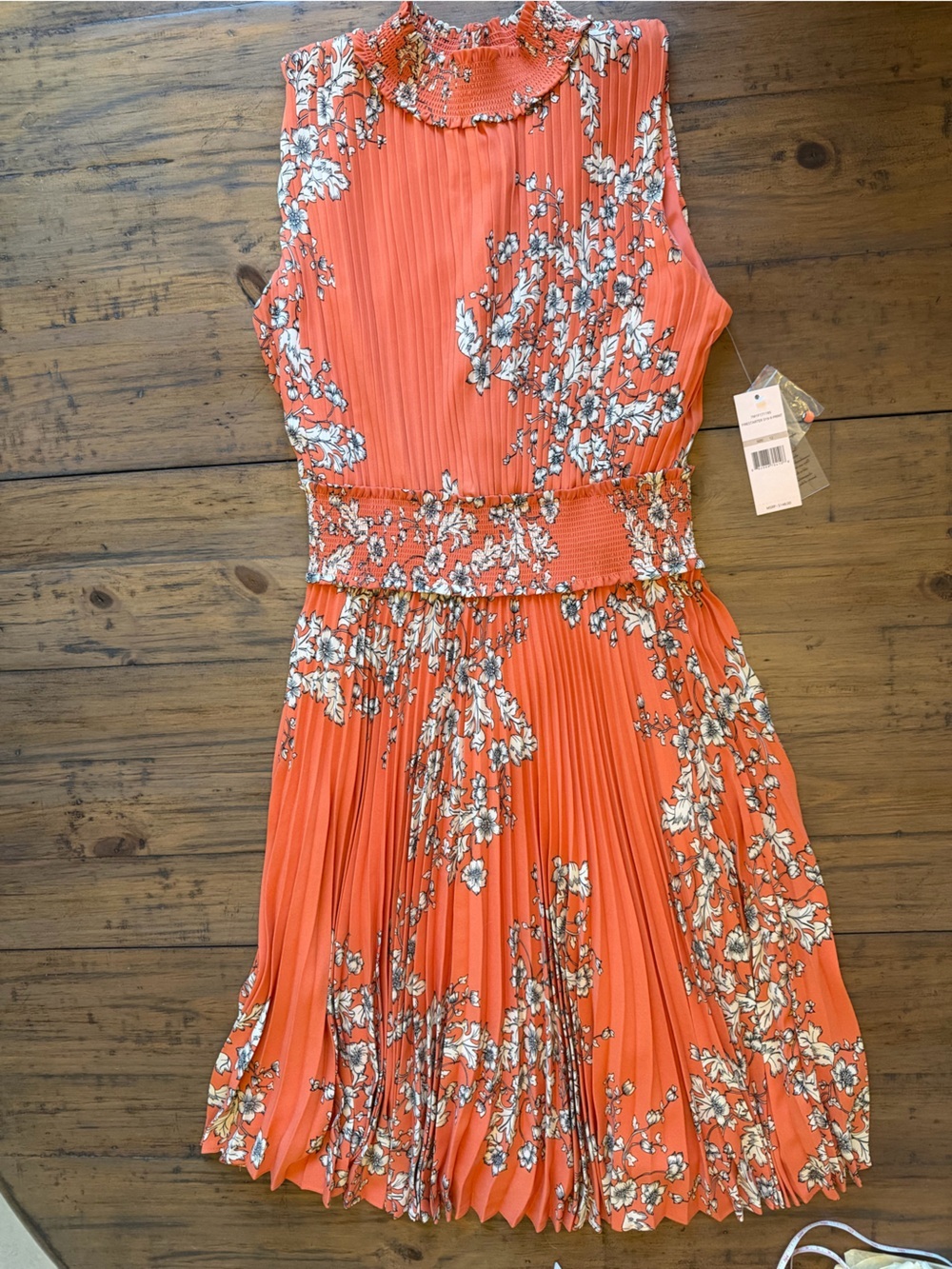 Nanette Leopore Floral Pleated Coral Women’s Dress with Smocked Waist